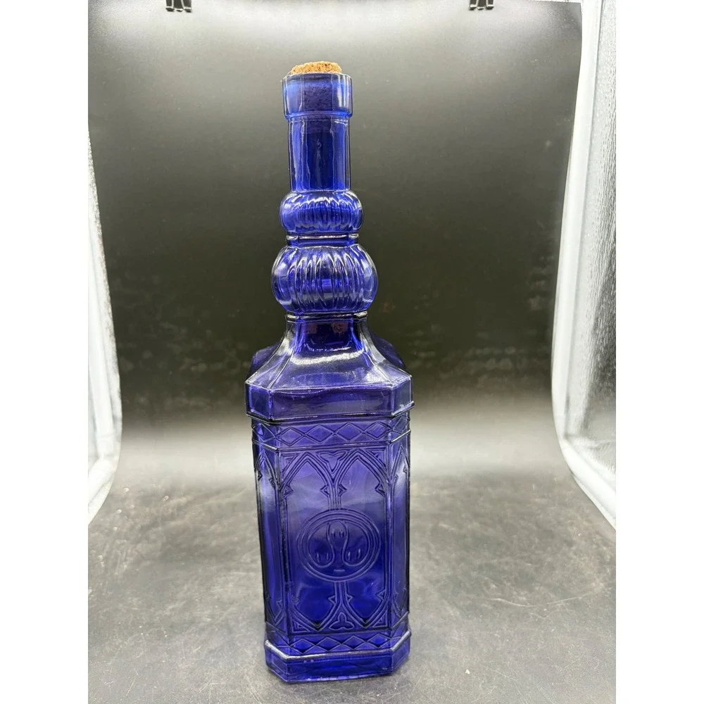 Cobalt Blue Glass Decanter Bottle Embossed Gothic Arch Square Base with Cork